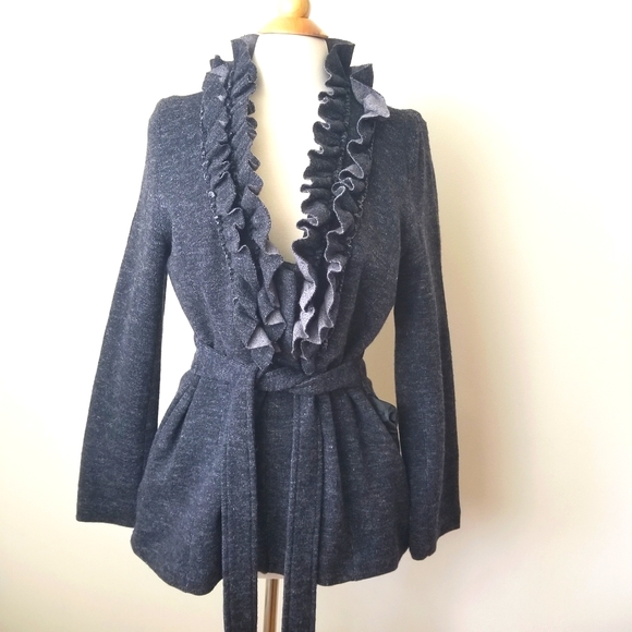 Venario Sweaters - Venario ruffled charcoal gray sweater jacket Size Large